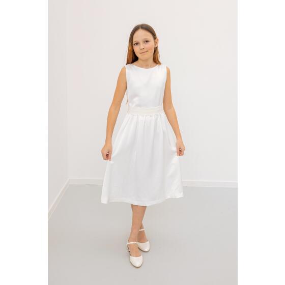 Kommunionkleid Gina Satin kurz ivory mit Spitzengürtel  140